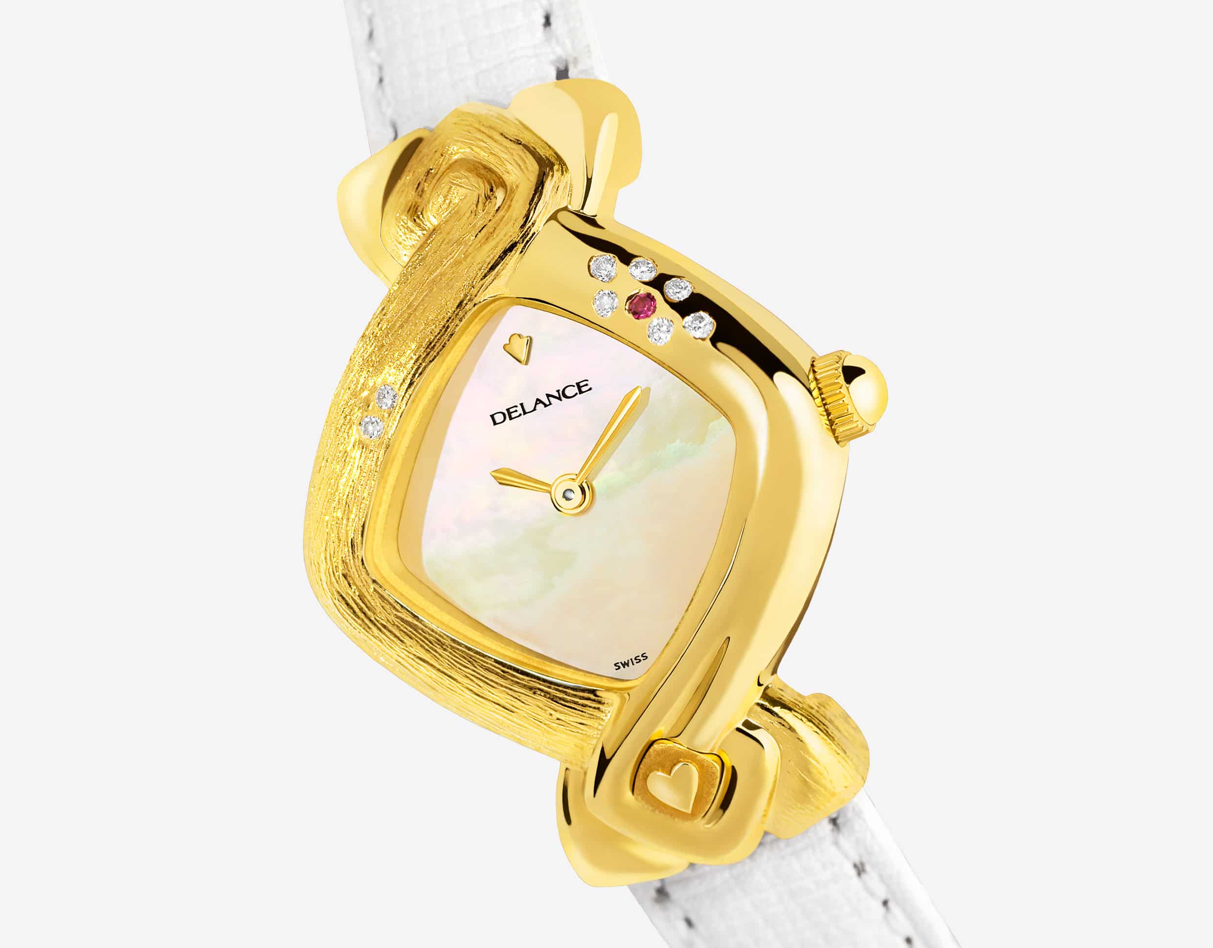 Die Uhr für die Braut : Paloma: Golduhr mit 8 Diamanten und einem Rubinen, Zifferblatt Perlmutter weiss, vergoldete Hände, Goldcabochon Lederarmbanduhr weiss