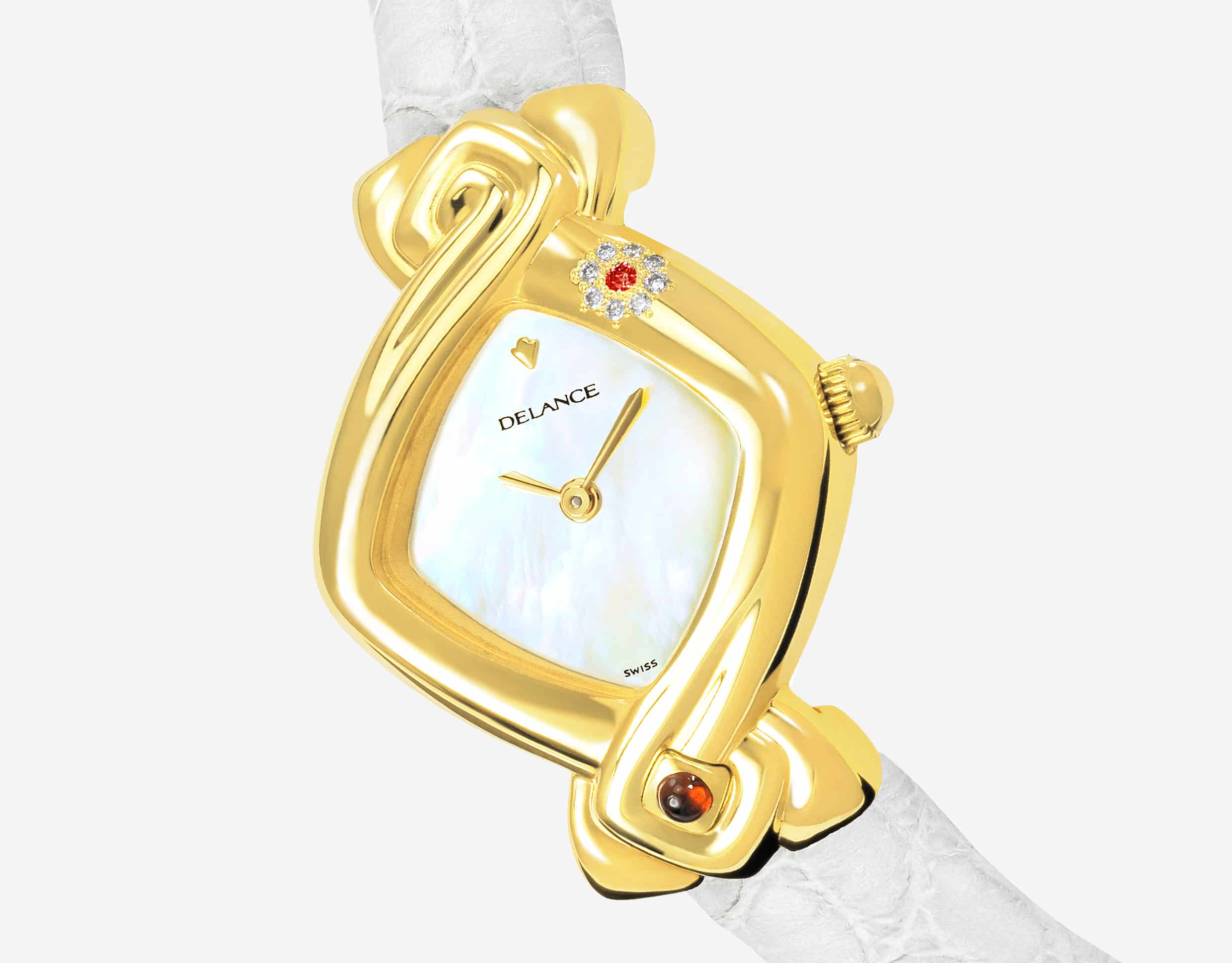 Elegante feminine Uhren für Damen: Padmâ: Golduhr mit 8 Diamanten und einem Rubin, Zifferblatt Perlmutter weiss, vergoldete Hände, Goldcabochon mit einem Rubin, Armband aus Alligator weiss
