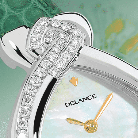 Uhren für Frauen Geburtstag 47 Lights for Maria Stahluhr für Frau mit 47 Diamanten, Zifferblatt Perlmutter blau, vergoldete Hände, Goldcabochon, Lederarmbanduhr