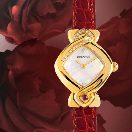 Damenuhren Eleganz für Frauen: Au cœur de la rose: Golduhr mit 17 Diamanten, Zifferblatt Perlmutt weiss, vergoldete Zeiger, Goldcabochon mit Rubin, Armband aus Alligatorleder rot