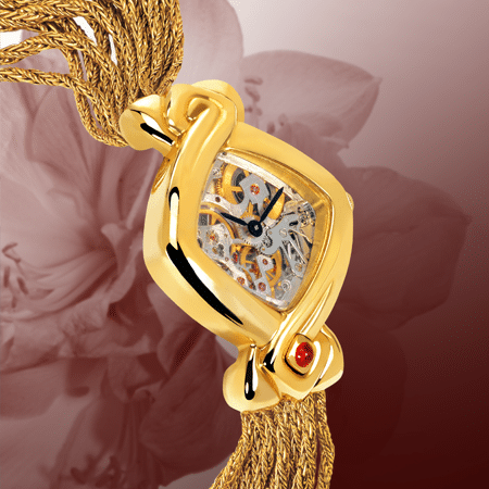 Armbanduhren mit Skelettuhr für Damen: Dentelle cascade dorée: mechanische Golduhr (Piguet Werkzeug), schwarze Hände, Goldcabochon mit einem Rubin, Goldarmband Cascade