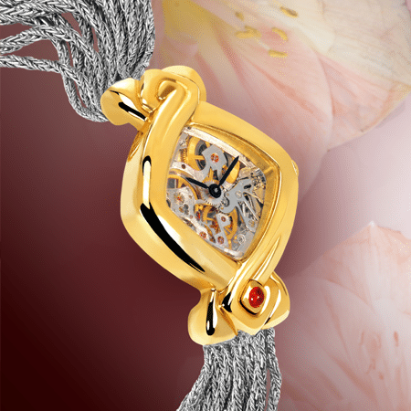 Armbanduhren mit Skelettuhr für Damen: Dentelle cascade givrée: mechanische Golduhr (Piguet Werkzeug), schwarze Hände, Goldcabochon mit einem Rubin, Goldarmband Cascade weiss