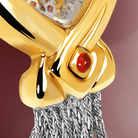 Armbanduhren mit Skelettuhr für Damen: Dentelle cascade givrée: mechanische Golduhr (Piguet Werkzeug), schwarze Hände, Goldcabochon mit einem Rubin, Goldarmband Cascade weiss