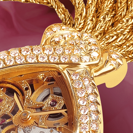 Armbanduhren mit Skelettuhr für Damen: Dentelle et Diamants roses: mechanische Golduhr mit 101 rosa Diamanten (Werkzeug Piguet), vergoldete Hände, Goldcabochon mit einem Princess rosa Diamant, Goldarmband Cascade