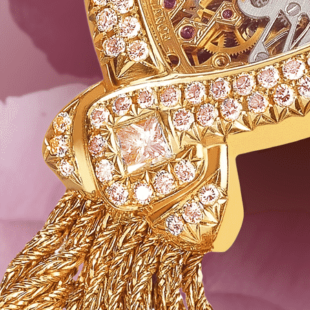 skeleton watch for women - Dentelle et diamants roses: Mechanical gold watch set with 101 pink diamonds (Piguet movement), gold-plated hands, gold cabochon with a pink diamond, yellow gold cascade bracelet