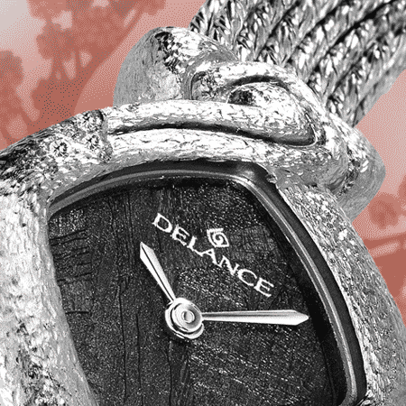 Diane : Montre en acier gravé et sertie de 3 diamants, cadran luz Night, aiguilles nickelées, cabochon en acier gravé, bracelet en brins d'argent