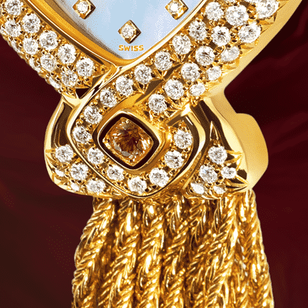 jewelry wrist watches for women - Diva blue: Gold watch set with 141 diamonds, pink mother-of pearl dial with 12 diamond hour indices, gold-plated hands, steel cabochon with a white opal, white gold cascade bracelet