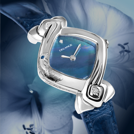 Original womens watch - Dolphin: Steel watch, blue mother-of-pearl dial, nickel-plated hands, steel cabochon with a diamond, blue alligator strap, engraved with a dolphin and set with a sapphire at 10 o'glock