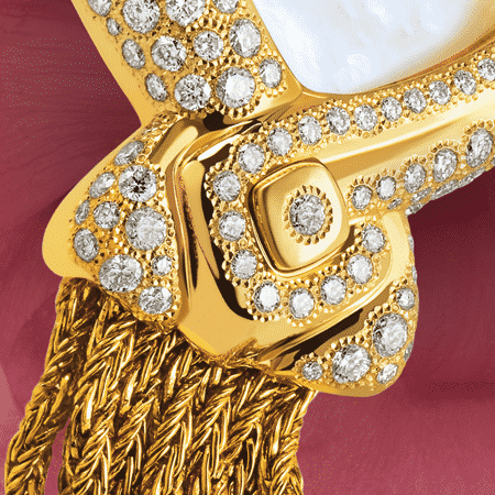 Damengolduhren mit Diamanten: Eclat de rire: Luxus Uhr aus Gold mit 242 Diamanten, Zifferblatt Perlmutter weiss, vergoldete Hände, Goldcabochon mit einem Diamanten Goldarmband Cascade