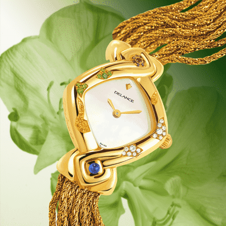 original womens watch - Feng Shui Dawn: Gold watch set with 39 precious stones, white mother-of pearl dial, gold-plated hands, gold cabochon with a sapphire, yellow gold cascade bracelet