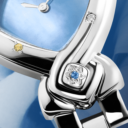 Damenuhren Eleganz für Frauen: Feng Shui Ocean: Stahlduhr mit 8 Edelsteine, Perlmutter blau, vernickelte Hände, Stahlcabochom mit einem Saphir , Armband aus Stahl