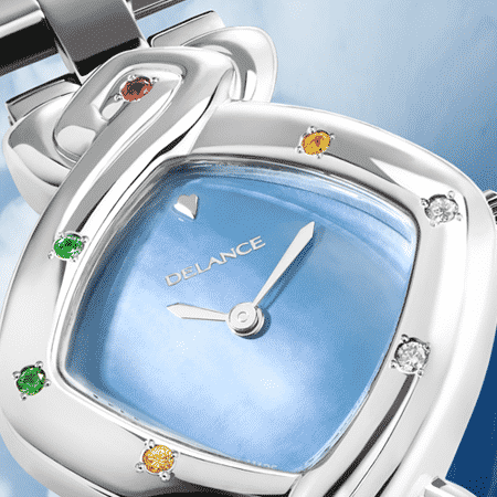 original womens watch - Feng Shui Ocean: Steel watch set with 7 precious stones, blue mother-of pearl dial, nickel-plated hands, steel cabochon with a sapphire in the form oof the star, steel links bracelet