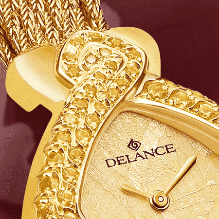 Jewelry wrist watches for women - Gaïa: Gold watch set with 70 yellow diamonds, special yellow luz dial, gold-plated hands, gold cabochon with a precious stone, yellow gold cascade bracelet