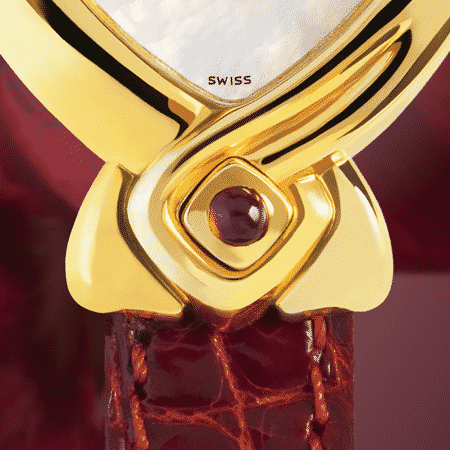 feminine watch - Griha Laxmi: Gold watch set with 9 diamonds an 8 pink sapphires, white mother-of pearl dial, gold-plated hands, gold cabochon with a ruby, red wine alligator strap