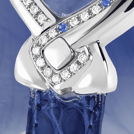 Elegante feminine Uhren für Damen: Indira: Stahluhr mit 42 Diamanten et 8 Saphiren , Zifferblatt Perlmutter blau, vernickelte Hände, Stahlcabochon, Armband aus Alligator blau