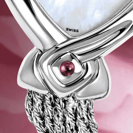 Armbanduhr für Frauen: Judith: Stahlduhr mit 2 Diamanten, Zifferblatt Perlmutter weiss, vernickelte Hände, Stahlcabochon mit einem Rubin, Silberarmband Cascade