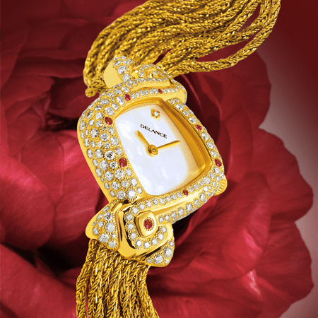 feminine watch - Mahalaxmi: Gold watch set with 235 diamonds and 6 rubies, white mother-of-pearl dial with a diamond index, gold-plated hands, gold cabochon with a ruby, gold cascade strap
