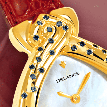 Micheline : anniversaire montre en or sertie de 2 diamants et 22 saphirs, cadran nacre blanche, aiguilles dorées, cabochon en or avec un rubis, bracelet en alligator rouge vin