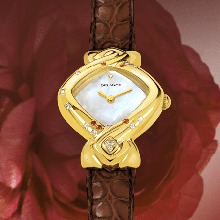 My Mother's Watch : Montre en or sertie de 12 diamants et 5 rubis, cadran nacre blanche, aiguilles dorées, cabochon avec 3 diamants en forme de cœur, bracelet en alligator rouge vin