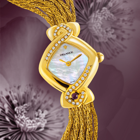 luxury watches birthday gift - New Life: Gold watch set with 32 diamonds, white mother-of pearl dial, gold-plated hands, gold cabochon with an amethyst, yellow gold cascade bracelet
