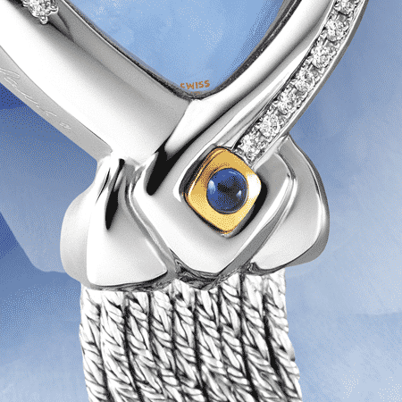 best watches for mom - Noces d'étain: Steel watch set with 13 diamonds, blue mother-of pearl dial, gold-plated hands, gold cabochon with a sapphire, silver cascade bracelet