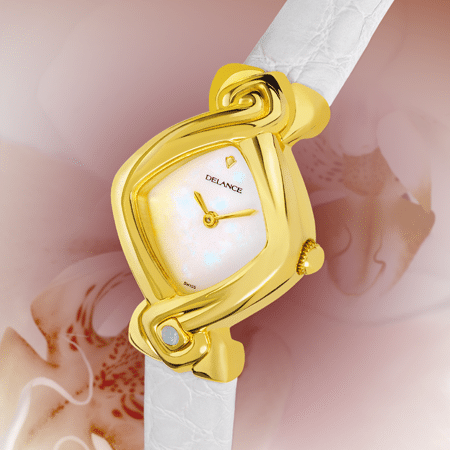 White watches for women - Orchidée: Gold watch, white mother-of-pearl dial, gold-plated hands, gold cabochon with a opal, white alligator strap
