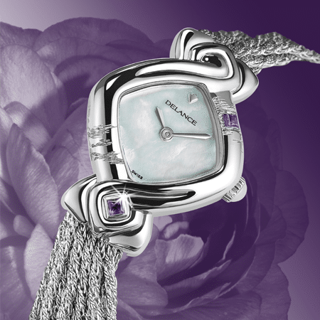 Besondere Uhr für besondere Frauen: Amethyst: Stahlduhr mit Amethyst, Zifferblatt Perlmutter weiss, vernickelte Hände, Stahlcabochon mit Amethyst, Armband aus Silber