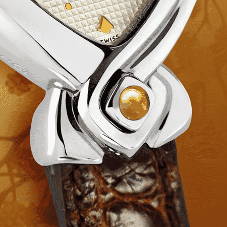 Originelle Armbanduhren für Frauen: Automn: Stahluhr, versilbertes Zifferblatt, vergoldete Hände, Stahlcabochon mit Zitrine, Armband aus Alligator brun