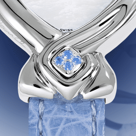 Geschenke zuer Hochzeit: Blue Ribbon: Stahlduhr mit 24 Saphiren , Zifferblatt Perlmutter weiss, vernickelte Hände, Stahlcabochon mit 4 Saphiren , Armband aus Alligator blau