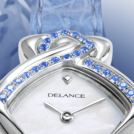 wedding watch - Blue Ribbon: Steel watch set with 24 sapphires, white mother-of pearl dial, nickel-plated hands, steel cabochon with 4 sapphires, blue alligator strap