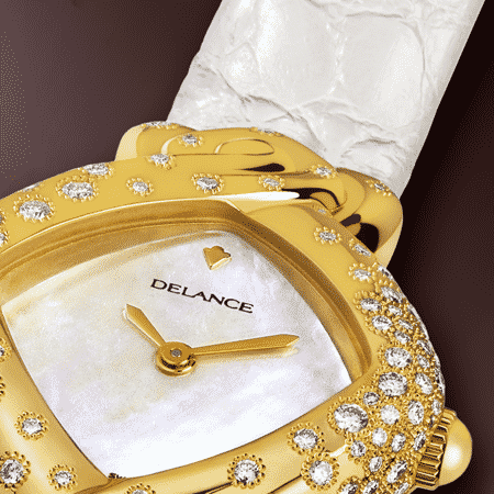 Damengolduhren mit Diamanten: Esperanza: Golduhr mit 130 Diamanten, Zifferblatt Perlmutter weiss, vergoldete Hände, Goldcabochon mit 4 Diamanten Armband aus Alligator weiss