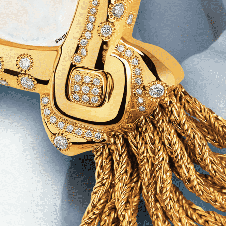 women's diamond watches - Héritage: Gold watch set with 129 diamonds, white mother-of pearl dial, gold-plated hands, gold cabochon with 9 diamonds, yellow gold cascade bracelet