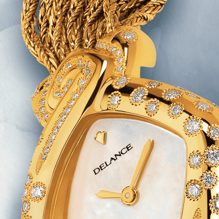 Damengolduhren mit Diamanten: Héritage: Golduhr mit 129 Diamanten, Zifferblat en Perlmutter weiss, vergoldete Hände, Goldcabochon mit 9 Diamanten, Goldarmband Cascade
