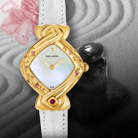 Miyuki or : Montre en or gravée et sertie de 8 saphirs roses, cadran nacre blanche, aiguilles dorées, cabochon rubis à 6h, bracelet en alligator blanc