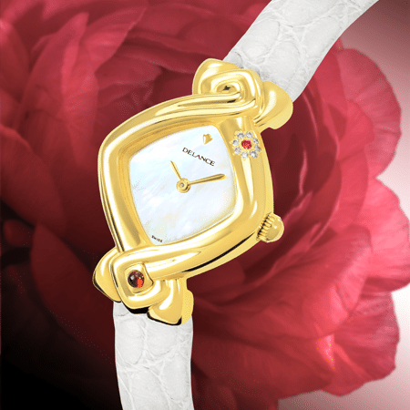 Padmâ, qui signifie lotus, fleur qui croît dans les marais, dans la vase est un symbole de féminité et de fertilité. Elle est aussi un mythe de pureté et de haute spiritualité car la fleur du lotus est sans taches. A six heures, le rubis symbolise l’amour, la force, l’énergie vitale de la femme qui porte cette montre.