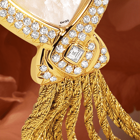 Schmuckuhr für besondere Frauen: Princesse: Golduhr mit 101 Diamanten, Zifferblatt Perlmutt weiss, vergoldete Zeiger, Goldcabochon mit einem Diamanten, Goldarmband Cascade