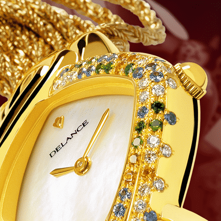 Damenuhren Eleganz für Frauen: Secret: Golduhr mit 69 Edelsteine, Zifferblatt Perlmutter weiss, vergoldete Hände, Goldcabochon mit Feueropale, Goldarmband Cascade