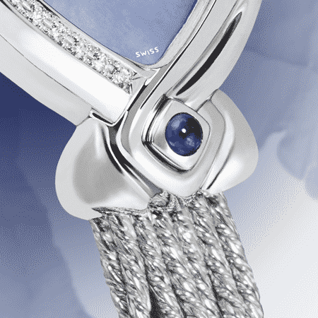 Uhren für Frauen Geburtstag Sweet Sixteen: Stahlduhr mit 16 Diamanten, Zifferblatt Perlmutter blau, vernickelte Hände, Stahlcabochom mit einem Saphir , Silberarmband Cascade