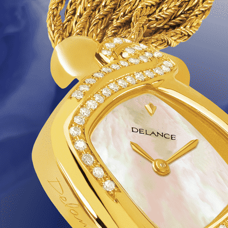 Uhren für Frauen Geburtstag Sweet Sixty: anniversaire Golduhr mit 60 Diamanten, Zifferblatt Perlmutter weiss, vergoldete Hände, Goldcabochon mit einem Saphir , Goldarmband Cascade