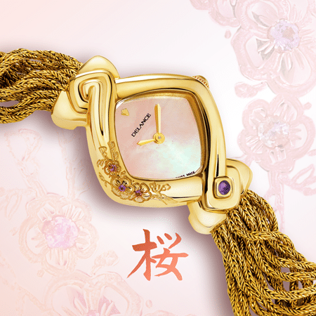 Waka : Montre en or sertie de 3 fleurs de cerisiers avec 3 saphirs roses en leur cœur, cadran nacre rose, aiguilles dorées, cabochon améthyste, bracelet en brins d'or