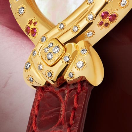 women's diamond watches - The Butterfly Effect: Gold watch set with 44 diamonds and 32 pink sapphires, white mother-of pearl dial, gold-plated hands, gold cabochon with 4 diamonds, red alligator strap