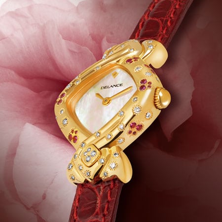 Butterfly Effect : Montre en or sertie de 44 diamants et 32 saphirs roses, cadran nacre blanche, aiguilles dorées, cabochon en or avec 4 diamants, bracelet en alligator rouge