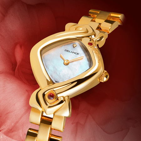 Besondere Uhr für besondere Frauen: Cometa: Golduhr mit einem Rubin und Diamanten, Zifferblatt Perlmutter weiss, vergoldete Hände, Goldcabochon mit einem Rubin, Armband aus Gold