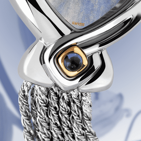 feminine wrist watches - Machaya: Steel watch, blue mother-of pearl, gold-plated hands, steel cabochon with a sapphire, silver cascade bracelet
