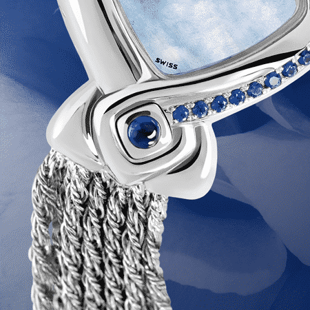 Geschenke zuer Hochzeit: Perfect Ten in blue: Stahlduhr mit 10 Saphiren , Zifferblatt Perlmutter blau, vernickelte Hände, Stahlcabochom mit einem Saphir , Silberarmband Cascade