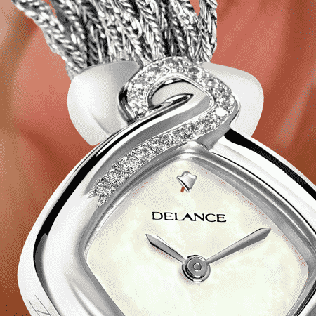 personalized watches for women - Réalisations: Steel watch set with 21 diamonds, white mother-of pearl dial, nickel-plated hands, steel cabochon with a diamond, silver cascade bracelet