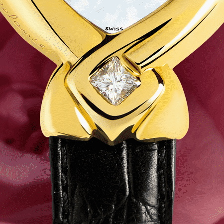 feminine wrist watches - Simplicity Princesse: Gold watch, white mother-of pearl dial, gold-plated hands, gold cabochon with a diamond, black alligator strap