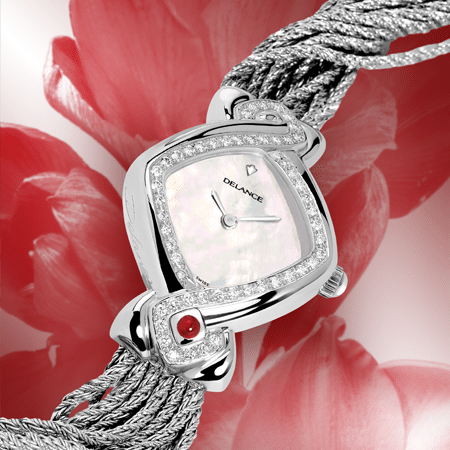 luxury wrist watches for women - Infinity steel cascade: Steel watch set with 50 diamonds, white mother-of pearl dial, nickel-plated hands, steel cabochon with a ruby, silver cascade bracelet