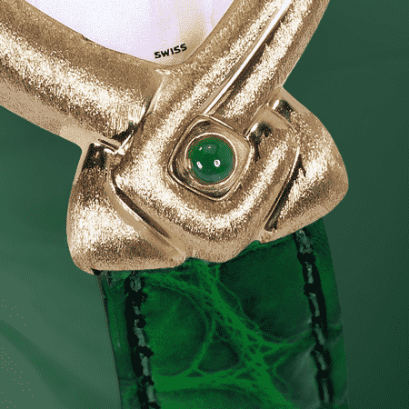 Personalized watches for women - Isis: Gold watch, white mother-of pearl dial, gold-plated hands, gold cabochon with an emerald, green alligator strap
