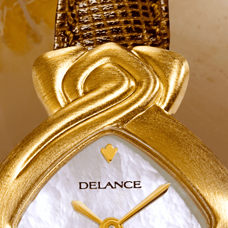 feminine wrist watches - Sofia: Gold watch, white mother-of pearl dial, gold-plated hands, gold cabochon with an orange opal, brown leather strap